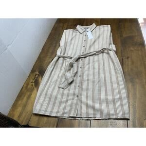 Aakaa Tan Stripe 100% Cotton Belted Shoulder Pads Mini Shirt Dress Small NWT